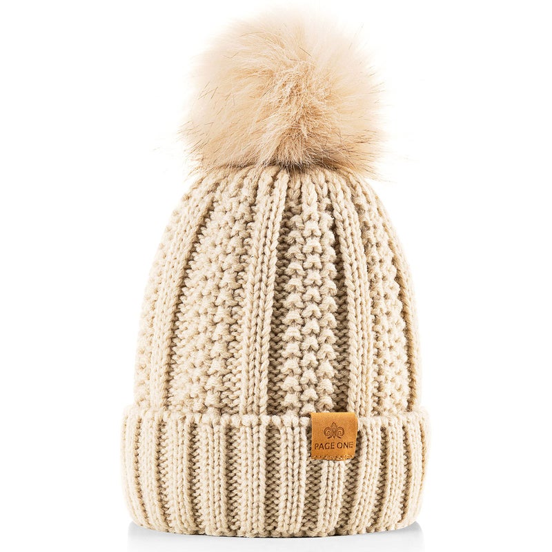 PAGE ONE Womens Winter Thick Cable Knit Beanie Faux Fur Pom Hat Fleece Lined Skull Cap Oatmeal - Image 1